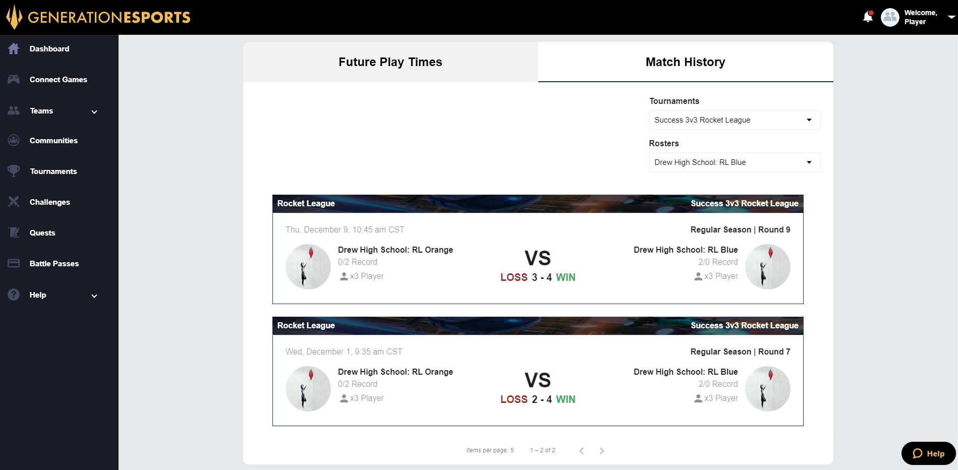 Match Page and Match History